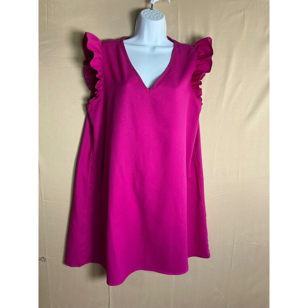SHEIN Magenta Pink‎ Ruffle Sleeve V-Neck Shift Dress XL sw221228333935